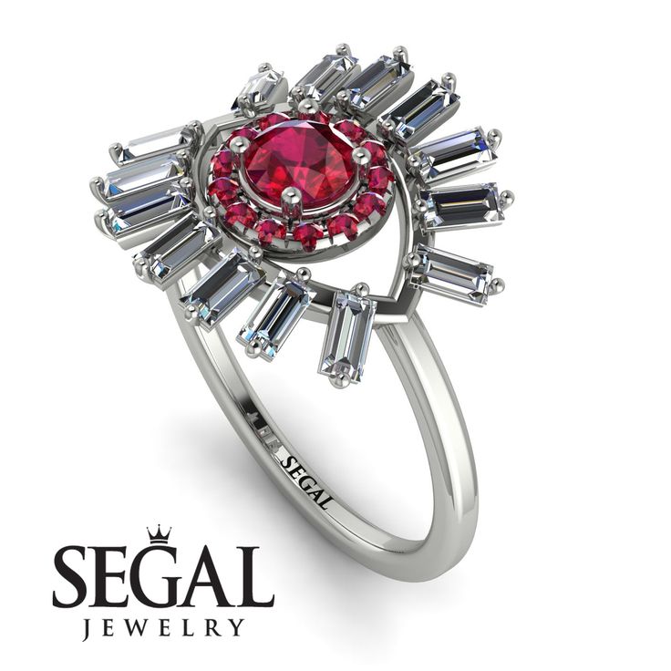 This lovely Round and Baguette Ruby Vintage Engagement Ring will represent a symbol of elegance and luxury which makes you feel beautiful and confident. Its center stone is round, surrounded by smaller, round stones . Finally, baguette shaped stones surround these, to complete the classy look. This Round and Baguette Ruby Vintage Engagement Ring will be a stunning addition to your finger. Stock Number: 4619 Metal Setting Metal Type: 14K White Gold Main Stone Type: 100% Natural Red Ruby Size: 0.2 Gold Engagement Rings Unique, Vintage Gold Ring, Rings Ruby, Vintage Anniversary, Vintage Diamond Jewelry, Ring For Wife, Vintage Gold Engagement Rings, Rings Emerald, Diamond Ring Vintage