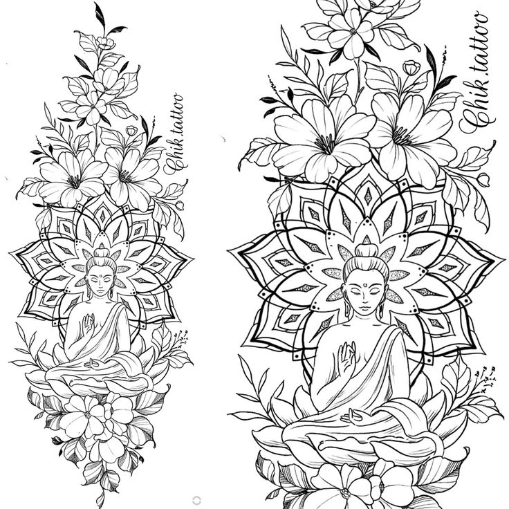 two different designs with flowers and buddhas in the middle one is black and white