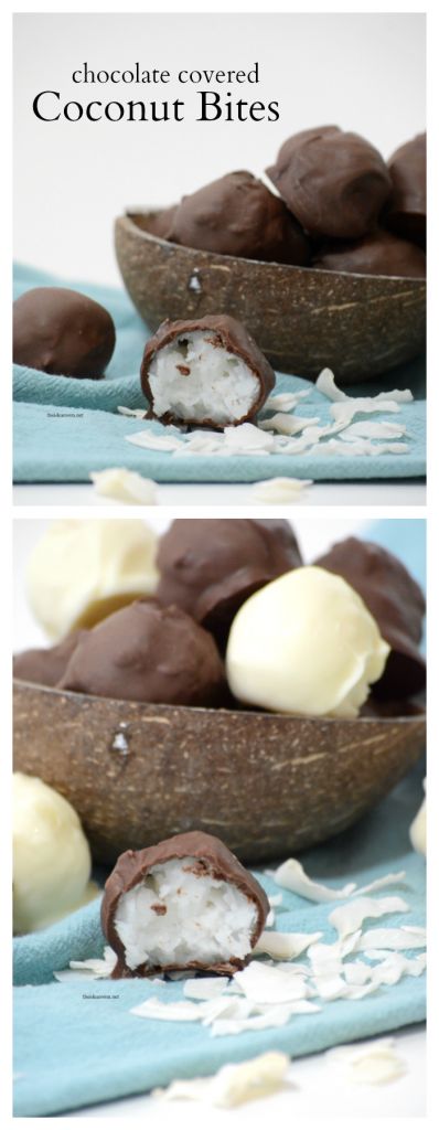 chocolate covered coconut bites in a wooden bowl