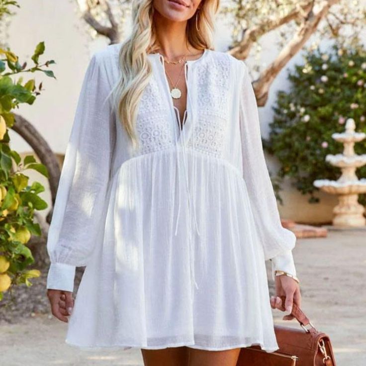 Nwot Size S Very Pretty Partially Lined Perfect For Vacation Spring Tunic Beach Dress For Brunch, Spring Brunch Tunic Beach Dress, Flowy White Mini Dress For Beach Cover-up, Breezy Mini Beach Dress For Brunch, Breezy White V-neck Mini Dress, Breezy Beach Dress For Brunch, Mini Length, Long Sleeve Dress For Brunch On Vacation, Long Sleeve Dresses For Brunch On Vacation, Long Sleeve Dress For Brunch And Vacation