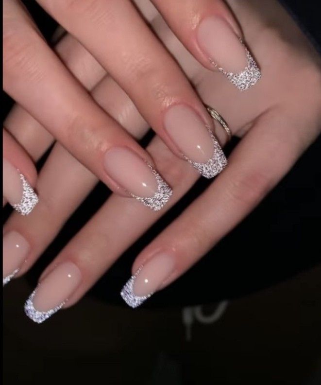 Glittery Silver French Tip, Glitter French Manicure Square, French Gliterry Nails, Ballerina Nails French Tip Glitter, Glittery French Tip Nails Square, Sparky French Tip, Jan 2024 Nails, White Sparkly French Tips, French Nails Glitter Sparkle