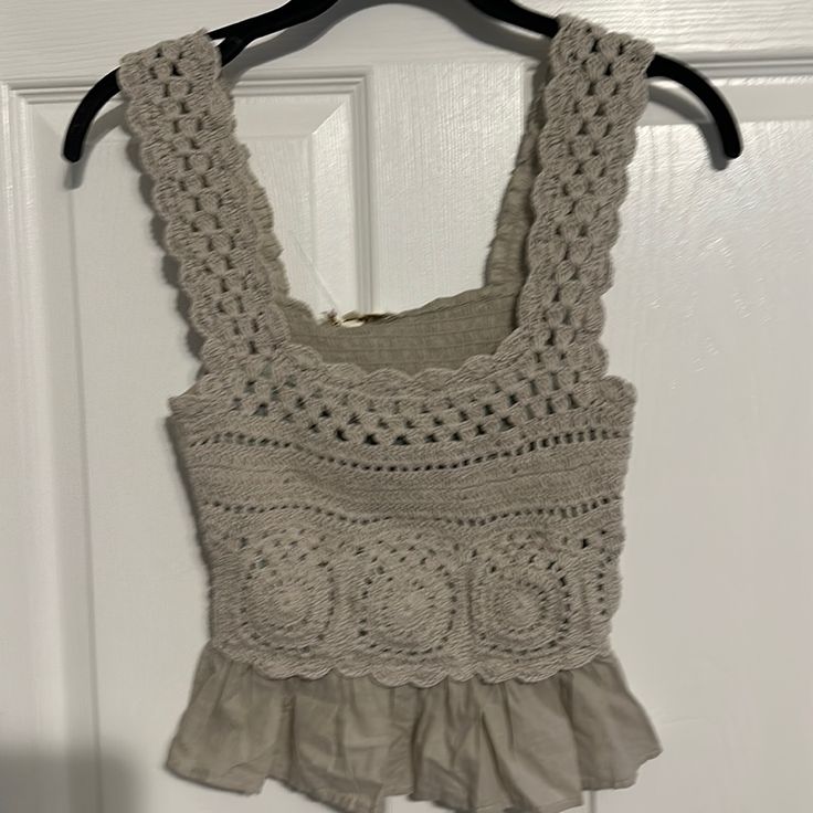 Taupe Xs Crochet Front With Lining Elastic Stretchy Back Beige Fitted Crochet Crop Top, Fitted Knit Crop Top With Crochet Lace, Fitted Knit Crochet Lace Crop Top, Fitted Crochet Lace Knit Crop Top, Fitted Cropped Crochet Top In Beige, Fitted Cropped Beige Crochet Top, Fitted Crochet Knit Tank Top, Fitted Beige Crochet Top, Fitted Knit Crochet Top With Crochet Trim