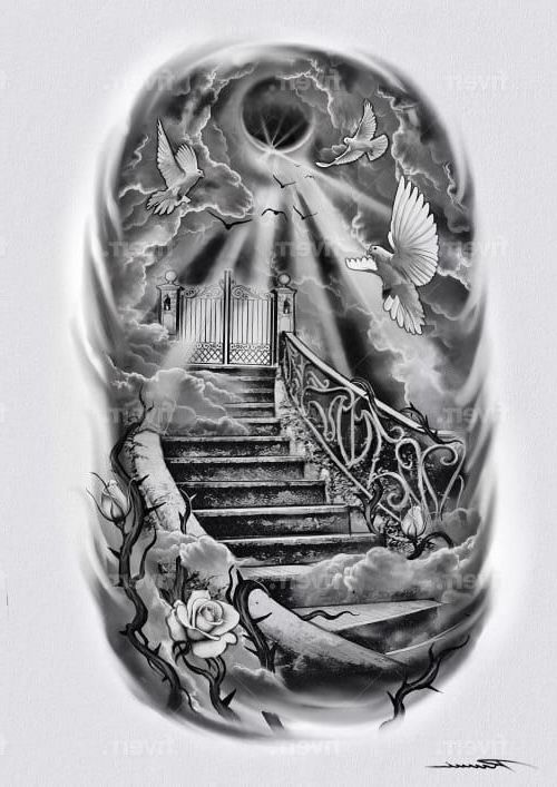 a black and white image of stairs with doves flying over it in the sky