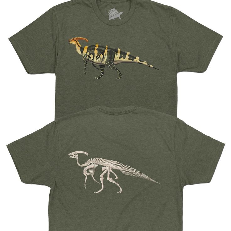 Our Parasaurolophus dinosaur t-shirts are the ultimate gift for dinosaur enthusiasts! These cool dinosaur shirts for men and women are unisex, tagless, and made from an ultra-soft cotton-poly blend, featuring a full-color Parasaurolophus on the front and the dinosaur's fossil on the back. All of our adult dinosaur shirts are limited-edition, fashion-fit, and collectible quality. So, if you're looking for a unique gift for a paleontologist or dinosaur lover, our Parasaurolophus shirt is the perfe Dinosaur T Shirt, The Land Of Ooo, Dinosaur Clothes, Dinosaur Shirts, Dinosaur Tshirt, Jake The Dog, Land Of Ooo, Cool Dinosaurs, Dinosaur Outfit