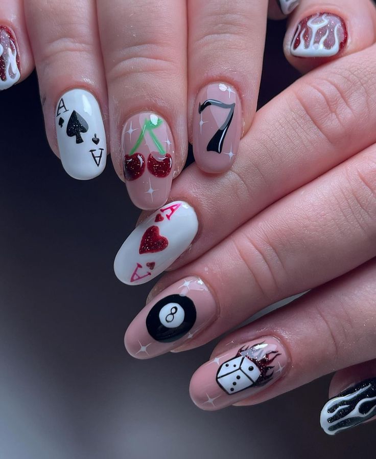 Popular Nail Ideas Almond, Board Game Nail Art, Playing Cards Nail Design, Casino Theme Nails Las Vegas, Nfr Nails Ideas, Nail Ideas Funky, Nails For Bachelorette, Board Game Nails, Card Acrylic Nails