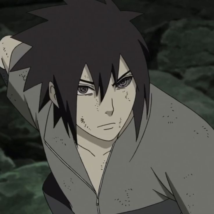 an anime character with black hair wearing a hoodie and looking at the camera while standing in front of rocks