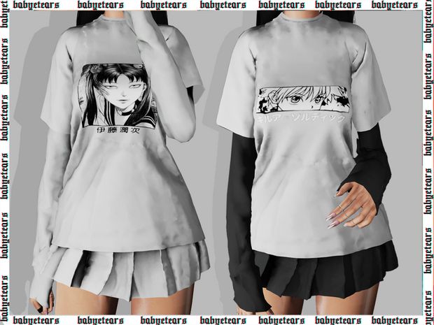 an image of a woman wearing a t - shirt with anime characters on the front and back