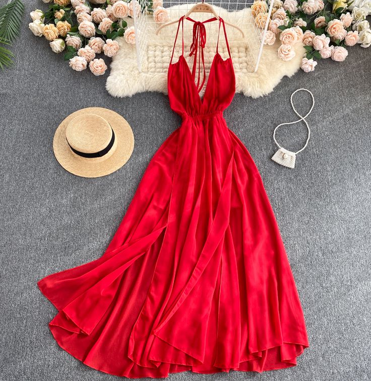 Halter Backless Dress, Holiday Dresses Women, Red Summer Dresses, Korean Dress, Suspender Dress, Chiffon Ruffle, Dress Silhouette, Outfit Casual, Asymmetrical Dress