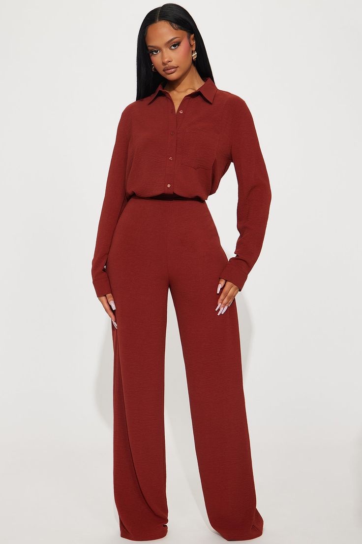 Available In Rust And Hunter. 2 Piece Pant Set Oversized Shirt Collar Button Front Front Pocket Wide Leg Pant Back Elastic Waistband Stretch 33" Inseam 100% Polyester Imported | Makenzie Pant Set in Rust size Small by Fashion Nova 2 Piece Pant Set, Women Professional Attire, Business Professional Attire, Hot Pink Fashion, Professional Attire, Wide Leg Pant, Curve Dresses, Pant Set, Mens Activewear