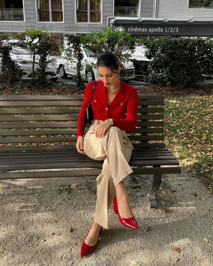 Red Heels Outfit, Red Top Outfit, Red Shoes Outfit, Cardigan Outfit, Downtown Outfits, Nashville Outfits, Beige Outfit, Stylish Work Outfits, Red Blazer