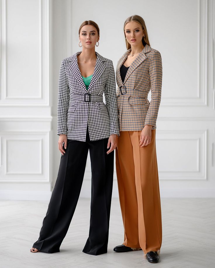 Fabric: Crepe Cotton 65%, Polyester 35% Single-breasted Notched lapels Flap pockets Belted blazer Blazer length 70cm / 27.5 in Sleeves length 63cm / 24.8in Colors: Beige Houndstooth, Black Houndstooth, Black, Camel