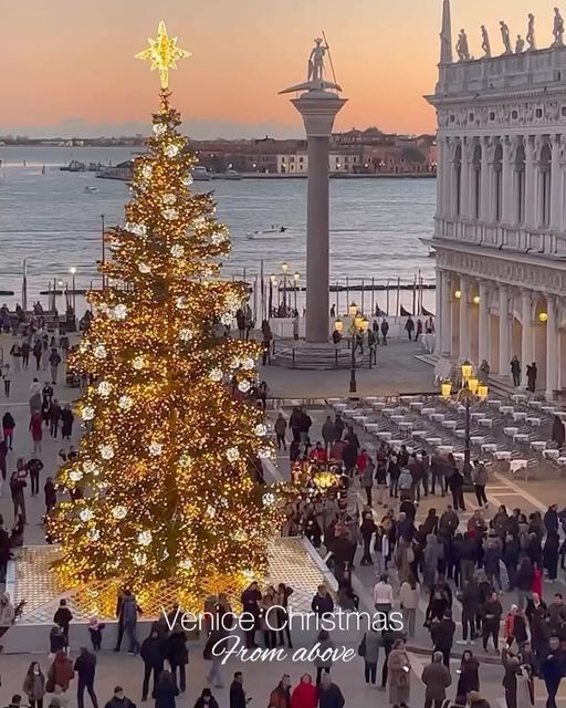 a large christmas tree in the middle of a city square with people walking around it