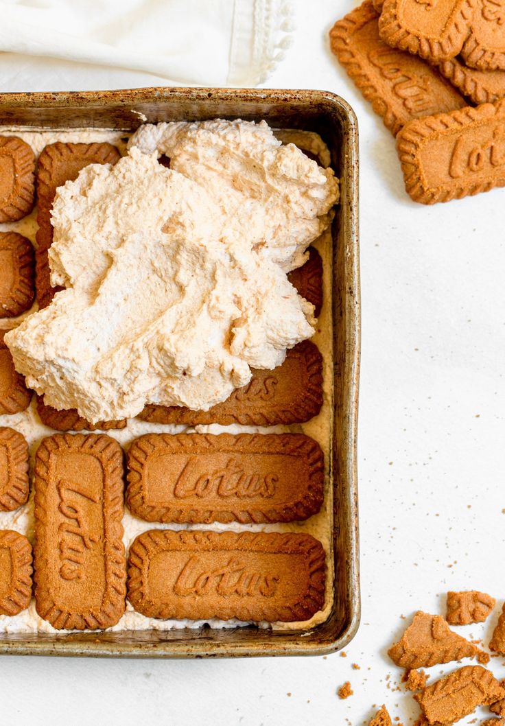 some cookies and cream in a pan on a table