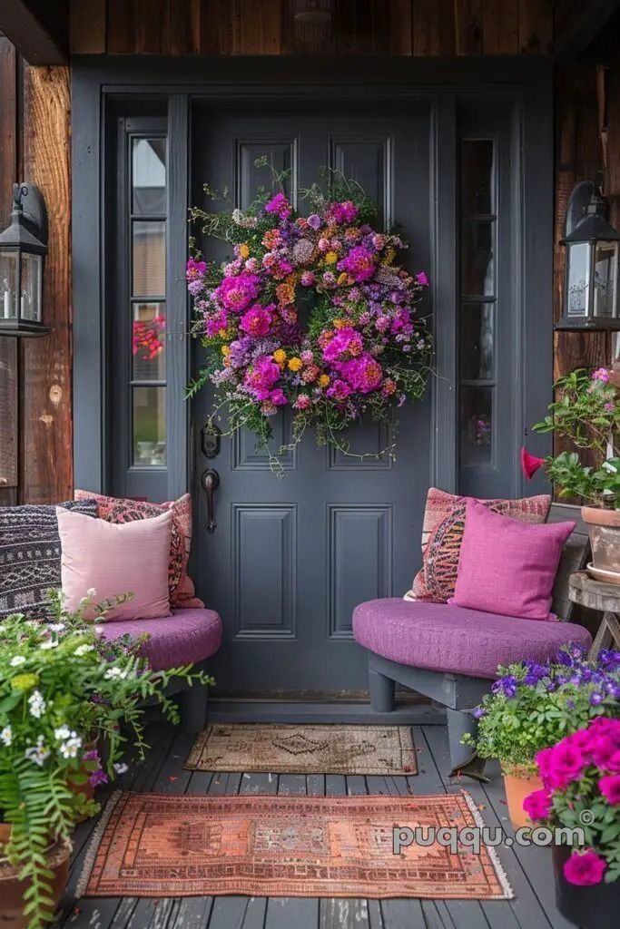 the front door is decorated with purple and pink flowers, while two chairs are on the porch