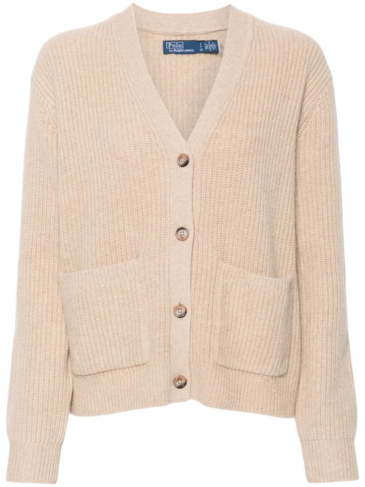 light brown wool-cashmere blend knitted construction ribbed knit V-neck long sleeves two front patch pockets signature Polo Pony motif straight hem front button fastening Beige Wool V-neck Cardigan, Ribbed V-neck Cashmere Cardigan, Beige Cashmere Cardigan With Ribbed Cuffs, Brown Ribbed Cardigan For Work, Beige Cashmere V-neck Outerwear, Winter Wool Cardigan With Patch Pockets, Casual Wool Ribbed Cardigan, Casual Wool Cardigan With Patch Pockets, Beige Wool Cardigan With Ribbed Cuffs