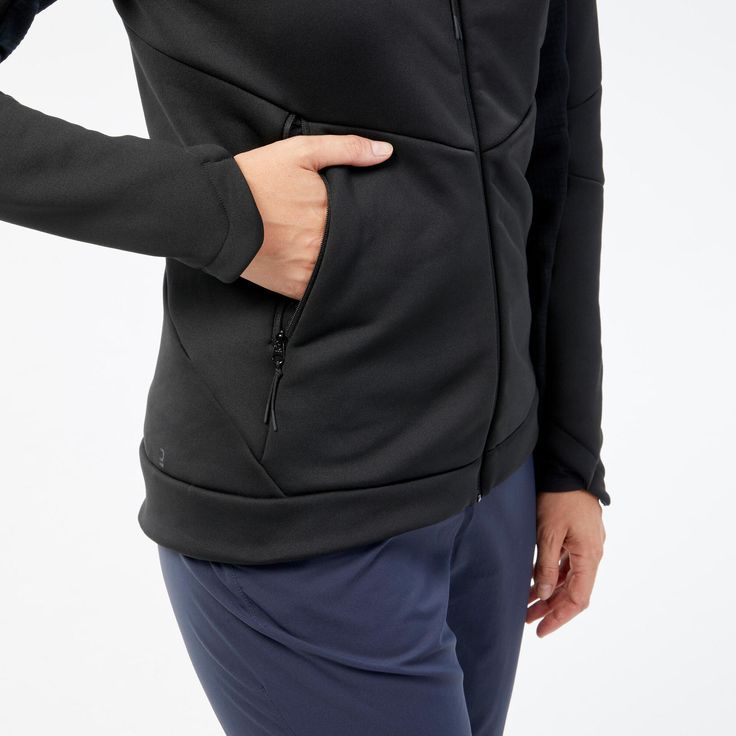 This fleece jacket has a fitted cut. We recommend you wear a technical undergarment, in direct contact with the skin, to be better protected from the cold. It has also been designed to be worn just underneath our windproof/waterproof jackets like the women’s MH500. | Quechua Women's Mh520 Hooded Fleece Jacket in Black, Size Small Hiking Fleece, Long Cut, Hiking Women, Body Warmer, Sporty Style, Decathlon, Fleece Jacket, Athletic Jacket, Size Medium