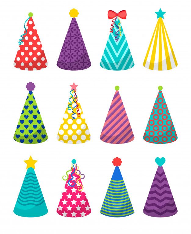 a bunch of party hats with different colors and designs on them, all in the same pattern