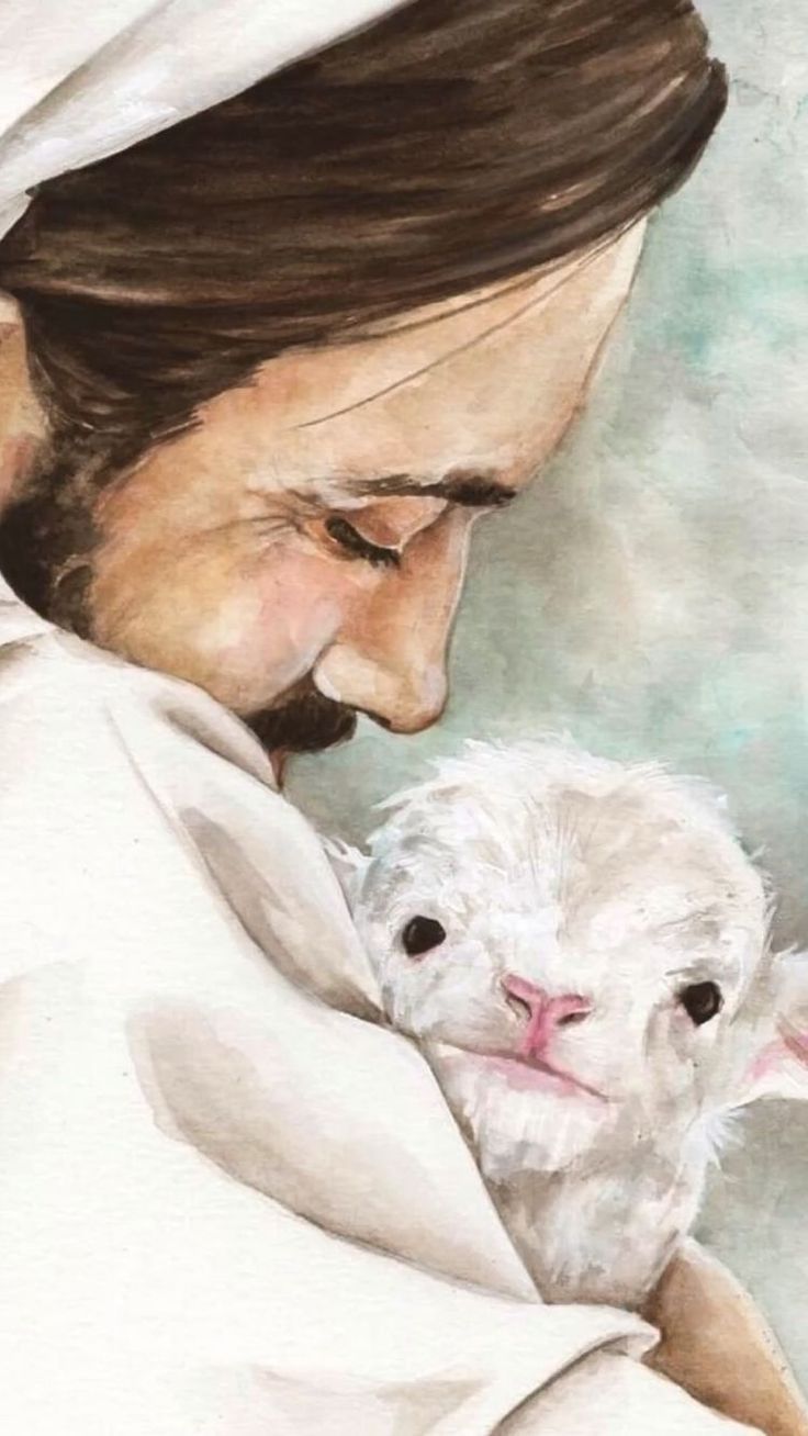 a painting of jesus holding a baby lamb