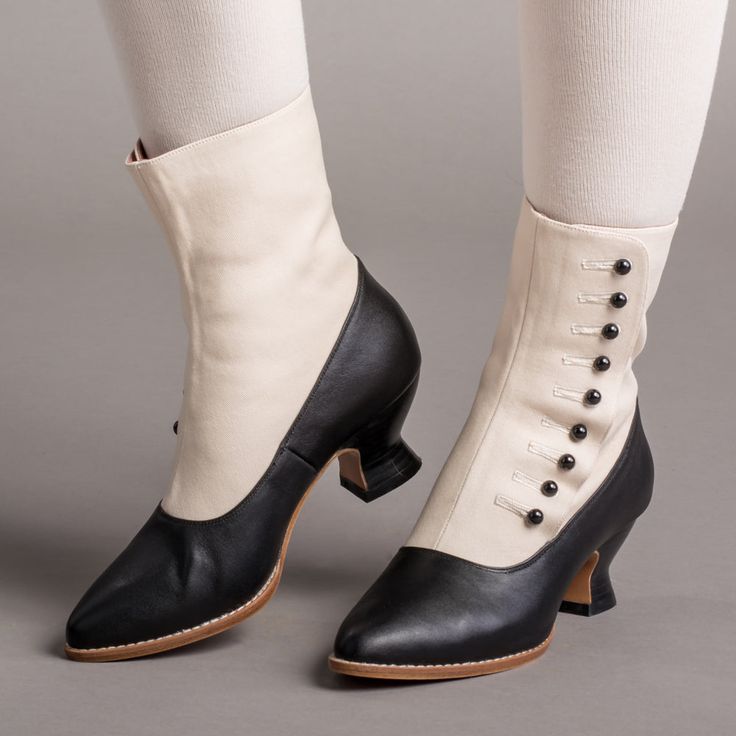 Manhattan Victorian Cloth-Top Button Boots are based on original antique button boots in museum collections and our own archive of historic footwear. They feature true historical functionality with a 9-button closure paired with cotton canvas uppers and French heels for a snazzy look. Wear Manhattan button boots with l 1890s Shoes, 1860s Shoes, French Heels, Edwardian Shoes, 1860s Fashion, Century Shoes, American Duchess, Historical Shoes, Victorian Shoes