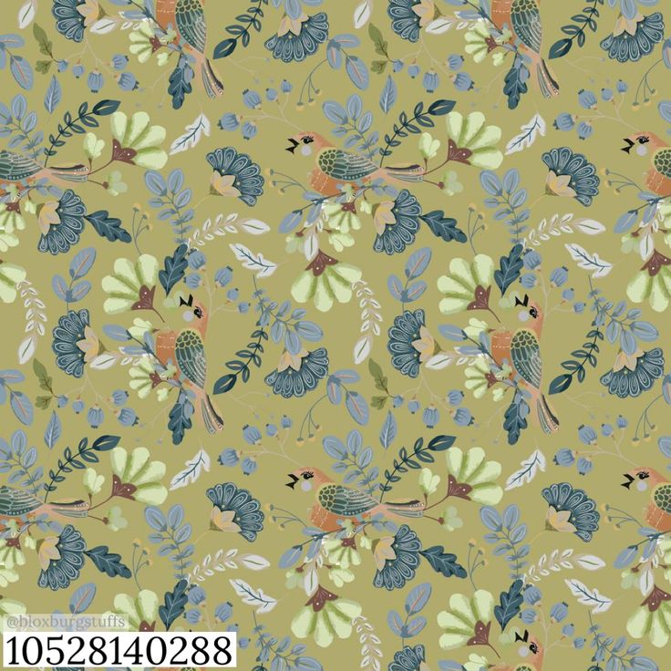 a green and blue flower pattern with leaves on the bottom, and an orange bird in the middle