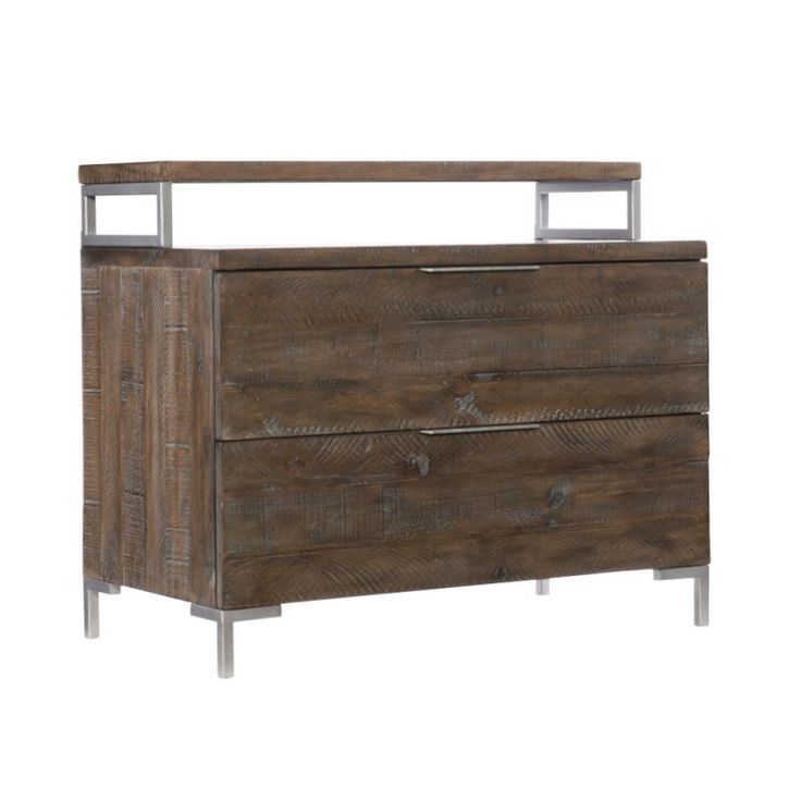 a wooden dresser with metal legs and drawers