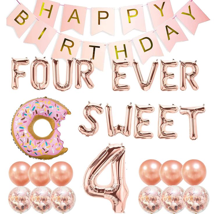 happy birthday for ever sweet pink and gold foil balloons, balloon streamers, donuts, confetti