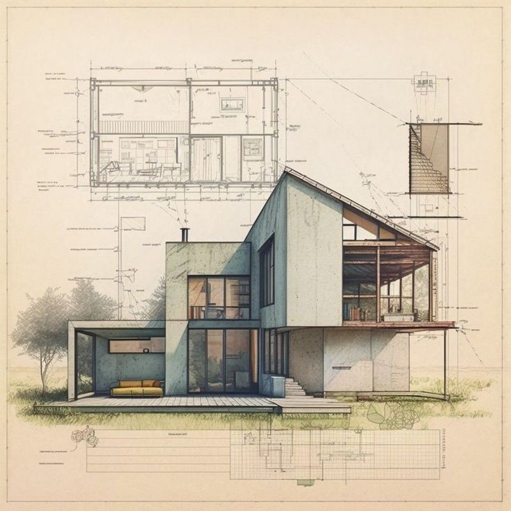 an architectural drawing of a house on top of a blueprint with drawings below it