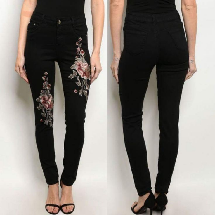 Mid Rise Skinny Fit Jeans That Features Floral Embroidery Details Along The Pant Leg. Fabric Content: 100% Cotton Description: L: 42″ W: 26″ I.S.: 30″ High Waist Embroidered Fitted Pants, Fitted Floral Embroidery Pants For Fall, Embroidered Non-stretch Bottoms For Fall, Fall Embroidered Fitted Pants, Fitted Embroidered Black Bottoms, Spring Embroidered Black Pants, Stretch Floral Embroidered Bottoms, Spring Black Embroidered Pants, Stretch Black Floral Print Pants