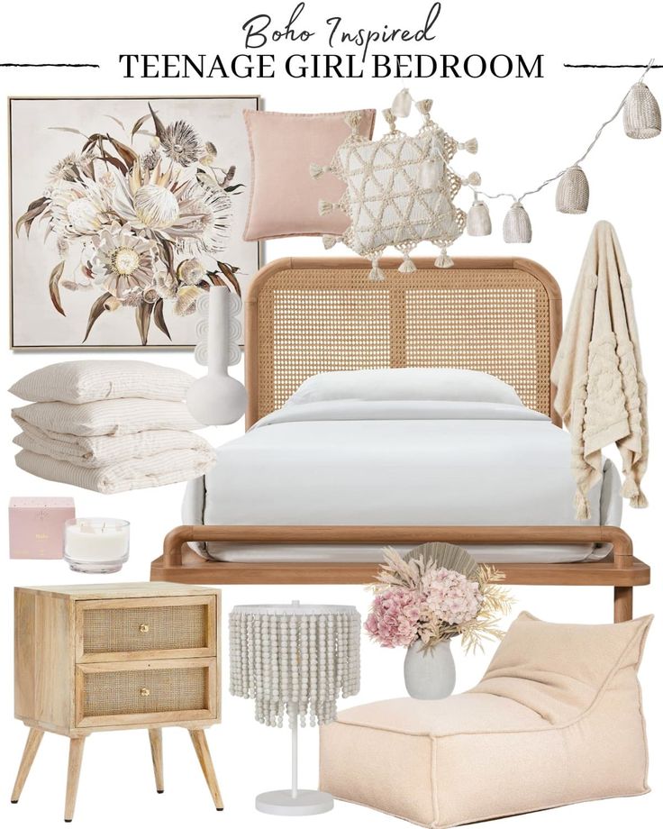 a bedroom with white bedding and pink accents on the walls, beige furniture and accessories