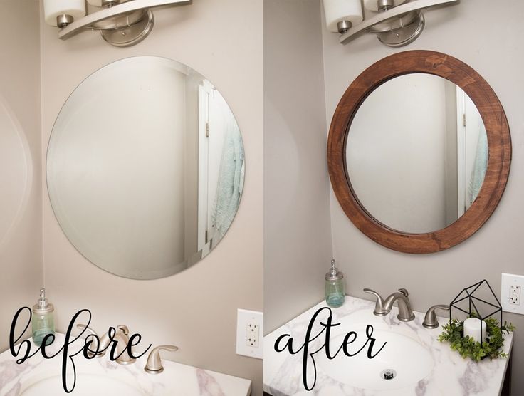 before and after photos of a bathroom vanity with round mirror above it, on the wall is a white marble sink