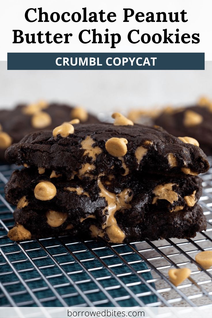 two chocolate cookies with peanut butter chips on a cooling rack