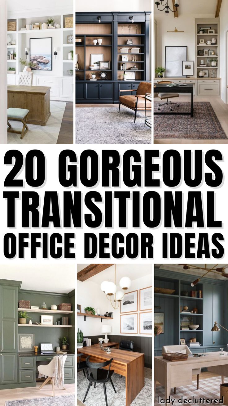 20 Gorgeous Transitional Home Office Decor Ideas 2024 Home Office Trends, How To Decorate Home Office, Office Remodel Home, Feminine Home Office Classy Modern, Home Office Makeover Ideas, Study Office Room Ideas, How To Decorate An Office, Home Office Ideas With Built Ins, Home Office Styling