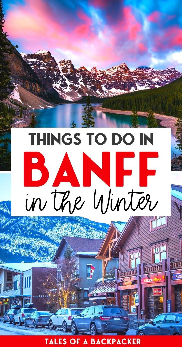 the cover of things to do in banff in the winter, including mountains and buildings