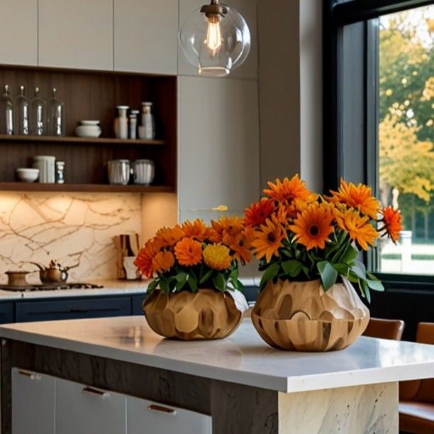 two vases filled with orange flowers sitting on top of a kitchen counter next to a window