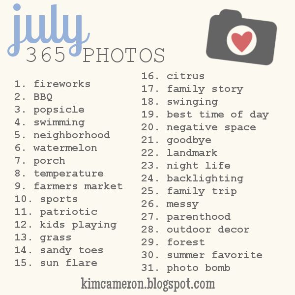 a list with the words july and photos in blue, white, and gray on it