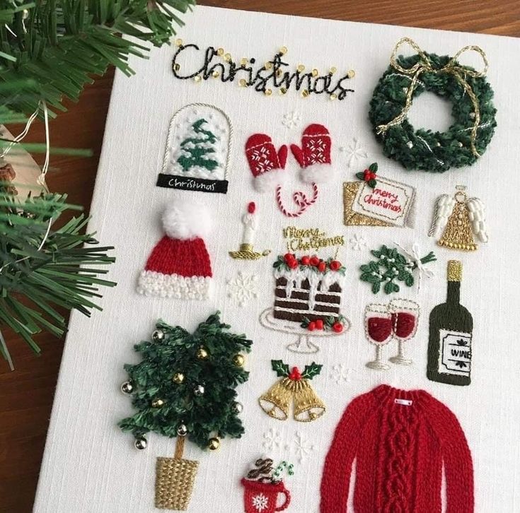 a christmas card with ornaments on it and a potted tree in the corner next to it