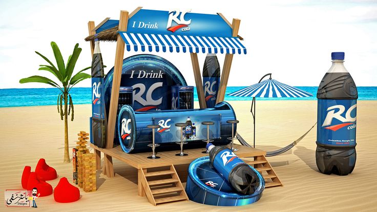 an image of a drink stand on the beach with drinks in it and other items around it