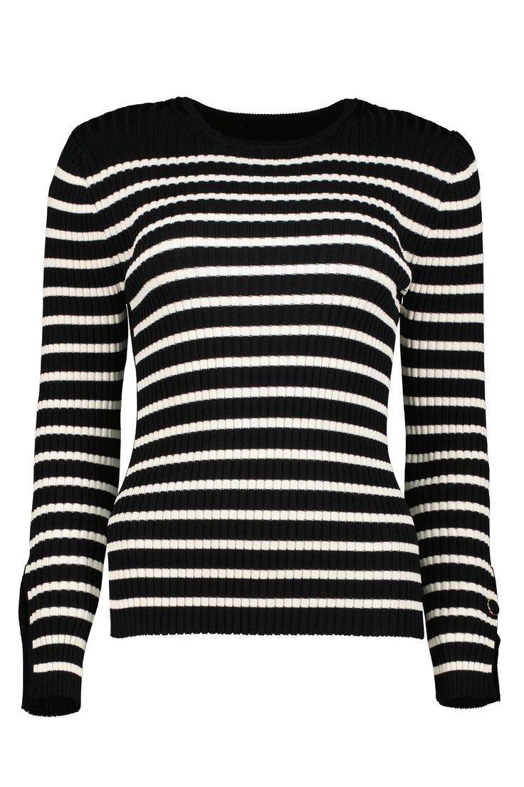 K4DSW2577-BLACKAthenee Stripe Sweater-100% Polyester-Crew neck-Functional buttons at the sleeve hemFIT-True to size, bodycon -Model is 5'8", wearing size S Black Tops With Button Cuffs For Winter, Black Fitted Button Sweater, Fitted Black Top With Button Cuffs, Chic Black Sweater With Button Cuffs, Black Buttoned Crew Neck Sweater, Black Crew Neck Sweater With Buttons, Fitted Sweater With Buttons, Striped Sweaters, Maxi Jumpsuit