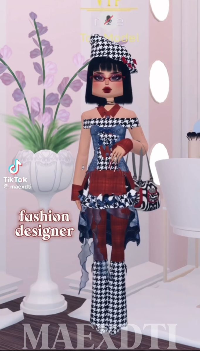 an animated doll is standing in front of a vase with flowers on it and holding a handbag