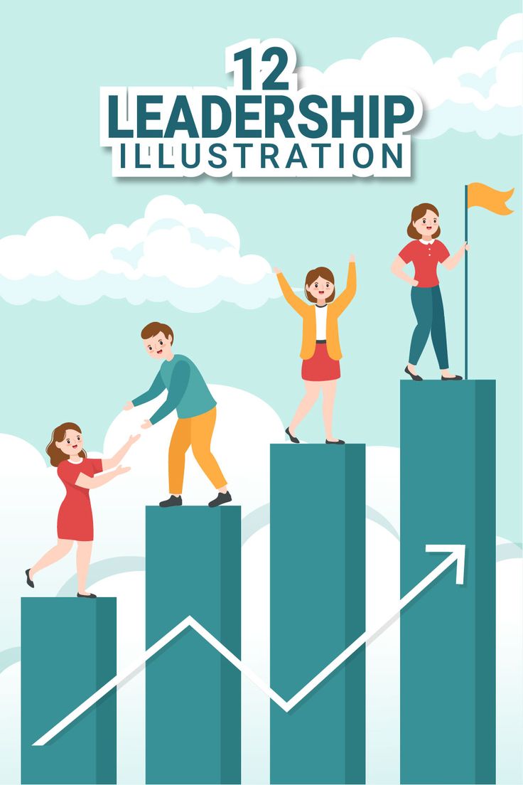 people standing on top of a bar graph with the words 12 leaders illustration above them