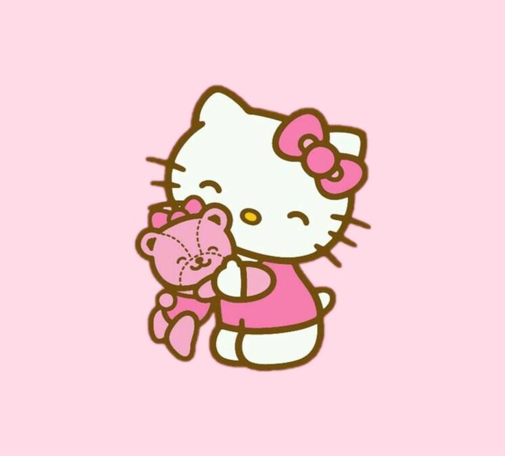 a hello kitty holding a teddy bear on a pink background