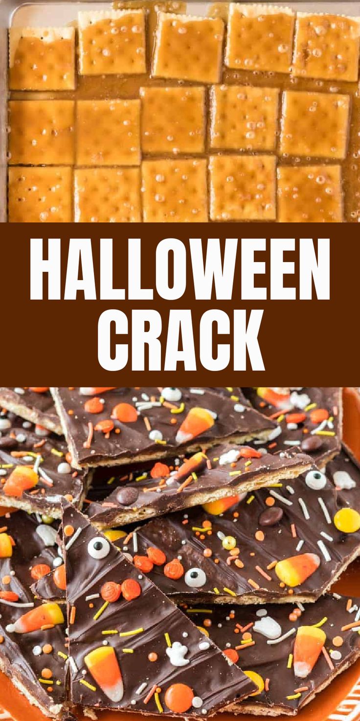 This halloween crack candy is the best easy treat for spooky season. Also known as saltine toffee candy, this sweet treat is so easy to customize with your favorite halloween candy and sprinkles. Halloween Toffee Bark, Halloween Cracker Toffee, Holloween Desserts, Halloween Crockpot, Halloween Candy Recipes, Halloween Bark, Halloween Deserts, Halloween Candy Bar, Saltine Toffee