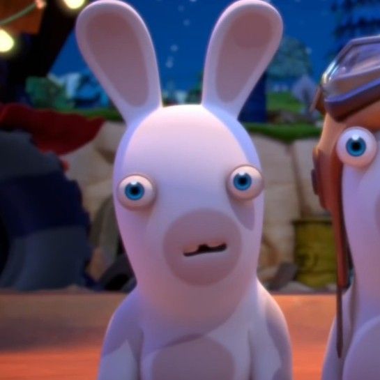 two animated rabbits are standing next to each other