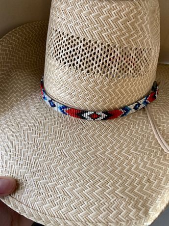 "1/2\" wide All bead work is beaded with 10lb extreme braided nylon line. All hat bands are finished at 23\" with glued than sewed down leather ends and an adjustable leather tie." Adjustable Americana Hat For Rodeo, Adjustable Patriotic Hats, Adjustable Americana Hats For Country Events, Adjustable Patriotic Hat For Rodeo, Adjustable Patriotic Hats For Country Events, Patriotic Adjustable Hats For Country Events, Adjustable Multicolor Ranch Hats, Adjustable Multicolor Southwestern Hat Bands, Adjustable Southwestern Multicolor Hat Bands