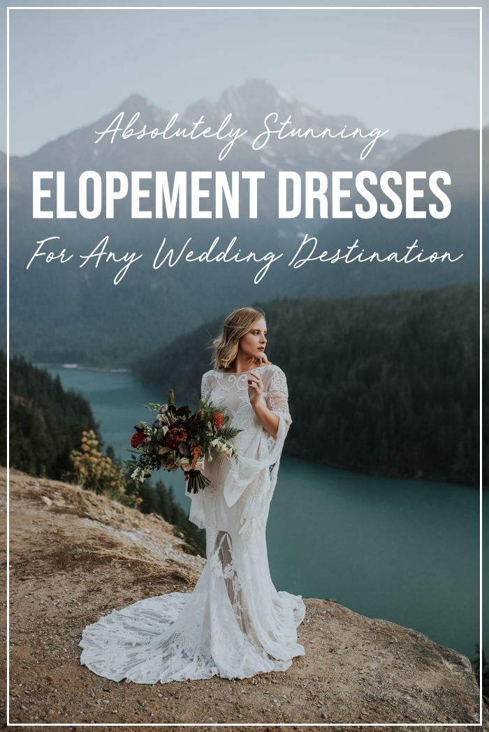 a bride standing on top of a mountain with the words, wedding gowns for any wedding destination