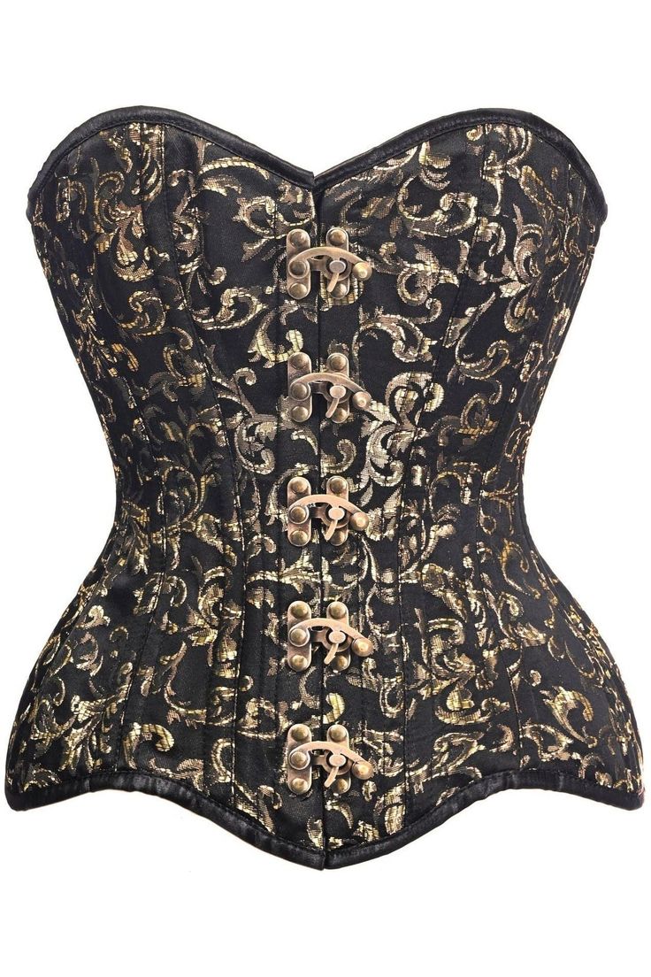 Overbust corset made of premium brocade fabric Premium front clasp closure Privacy Panel behind clasp closure 18 spiral double steel bones and 4 static bones Waist Tape 100% Cotton Twill lining 6" Modesty panel Nickel brass grommets with laces at back Thick cording in the back for cinching Garter Loops Hand Wash Only Gold Corset, Corset Shop, Modesty Panel, Striped Shoes, Elegant Moments, Gold Brocade, Light Up Shoes, Overbust Corset, Corsets And Bustiers