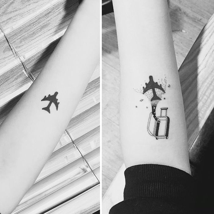 two people with matching tattoos on their arms and one has a small tattoo on the wrist