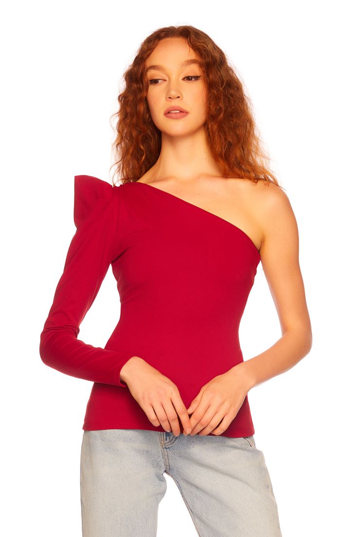 90% nylon 10% spandex machine washable Long Sleeve Elastane Tops For Party, Solid Off-shoulder Elastane Top, Spring One Shoulder Long Sleeve Top, Spring One-shoulder Fitted Top, Solid Stretch One Shoulder Top, Solid Stretch One Shoulder Top For Night Out, Stretch Solid One Shoulder Top, Trendy Fitted One Shoulder Long Sleeve Top, Solid Stretch One-shoulder Top