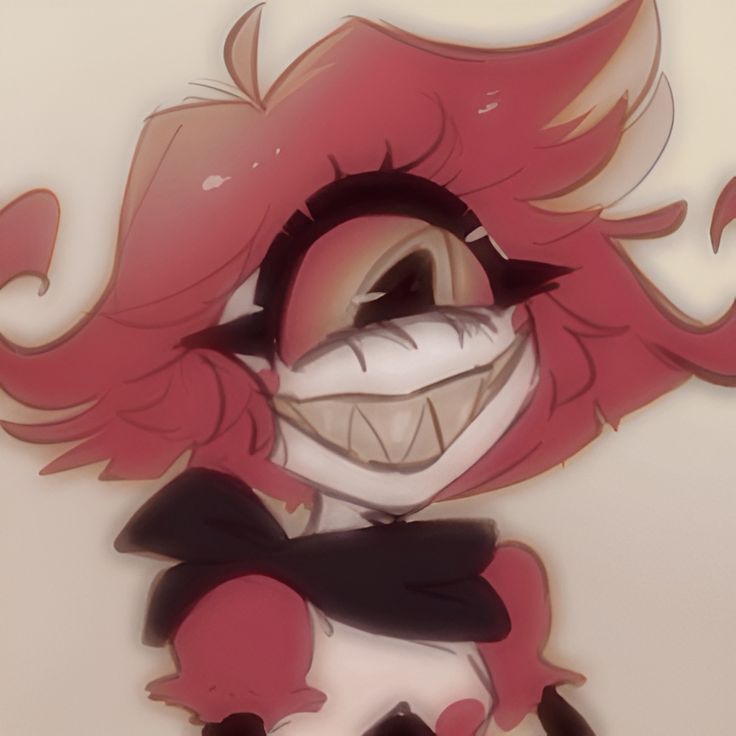 a cartoon character with pink hair and black eyes