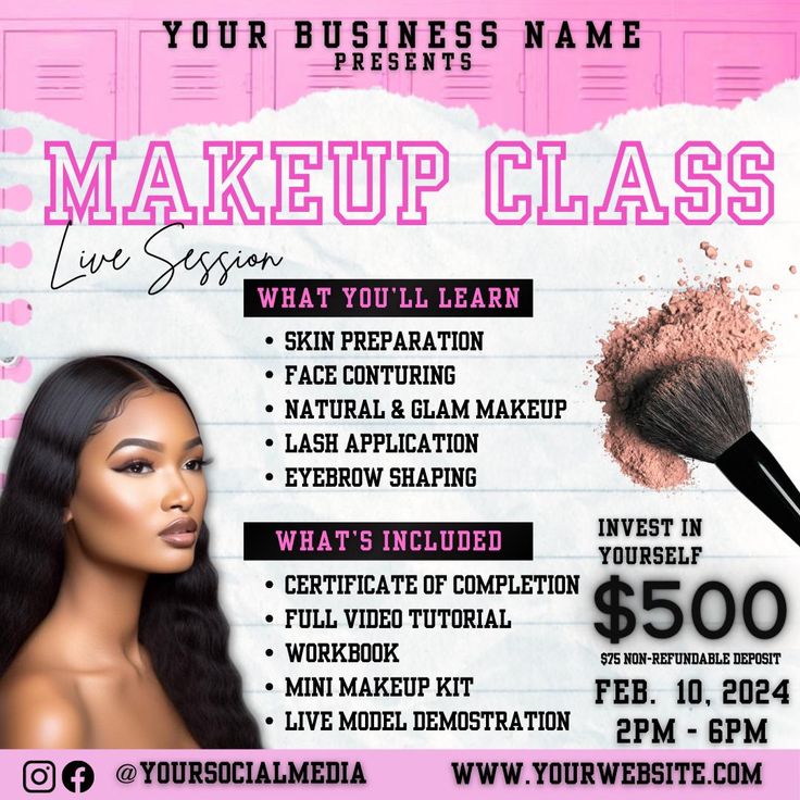 Editable flyer in canva great for makeup artist , or any one in the beauty industry interested in hosting classes Makeup Class Flyer, Course Flyer, Makeup Masterclass, Natural Glam Makeup, Makeup Training, Makeup Course, Makeup Class, Mini Makeup, Natural Glam